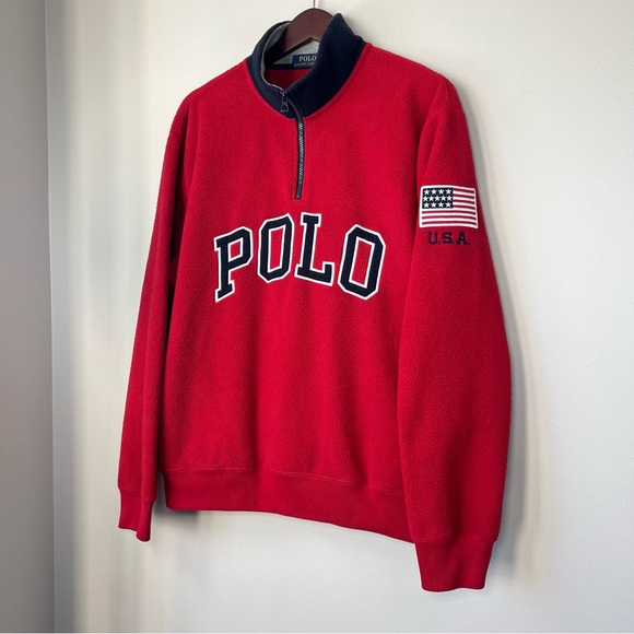 Polo Ralph Lauren Mens Large Red 1/4-Zip Fleece Pullover Sweater USA Flag Patch - Picture 15 of 15